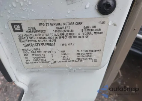 2003 Chevrolet Tahoe Ls из США, поврежденный, VIN 1GNEC13ZX3R166594